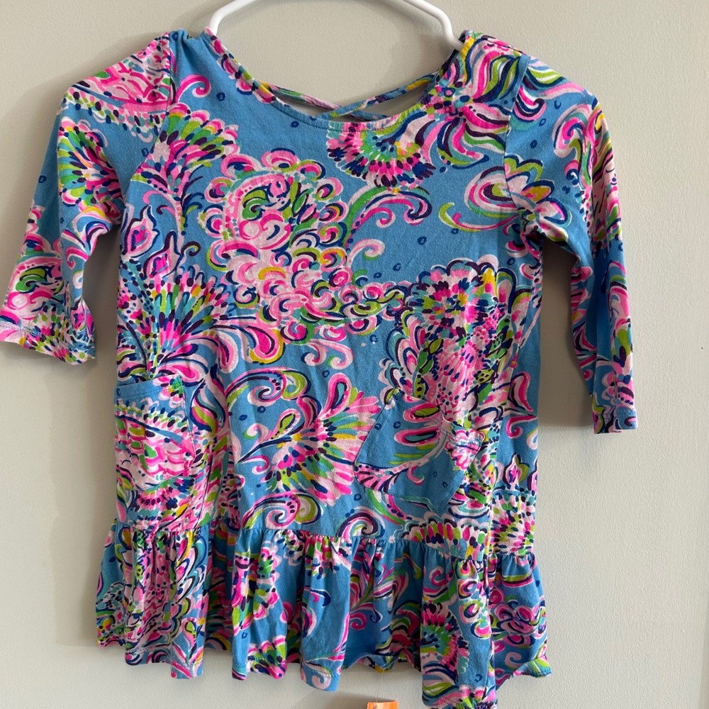 Lilly Pulitzer Girls Tunic‎ Top Paisley Print Ruffle Hem Casual Blue Size M 6-7